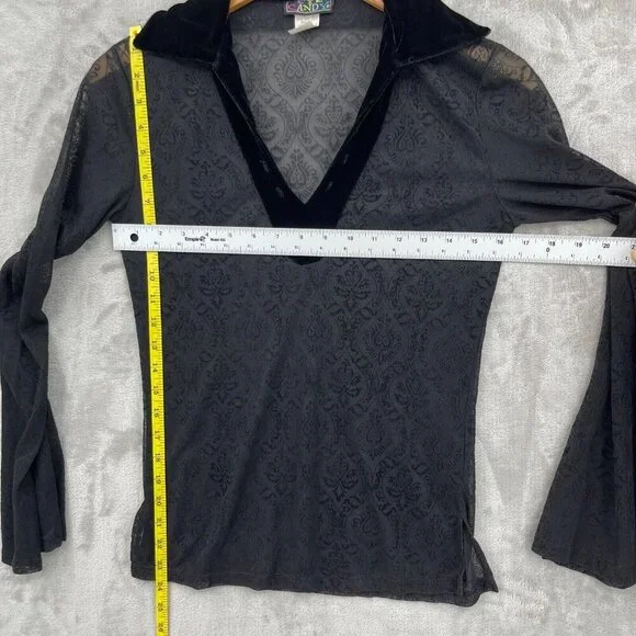 Vintage 90s Sheer Velvet Burnout Bell Sleeve V-Neck Top Hippie Goth - Picture 10 of 10